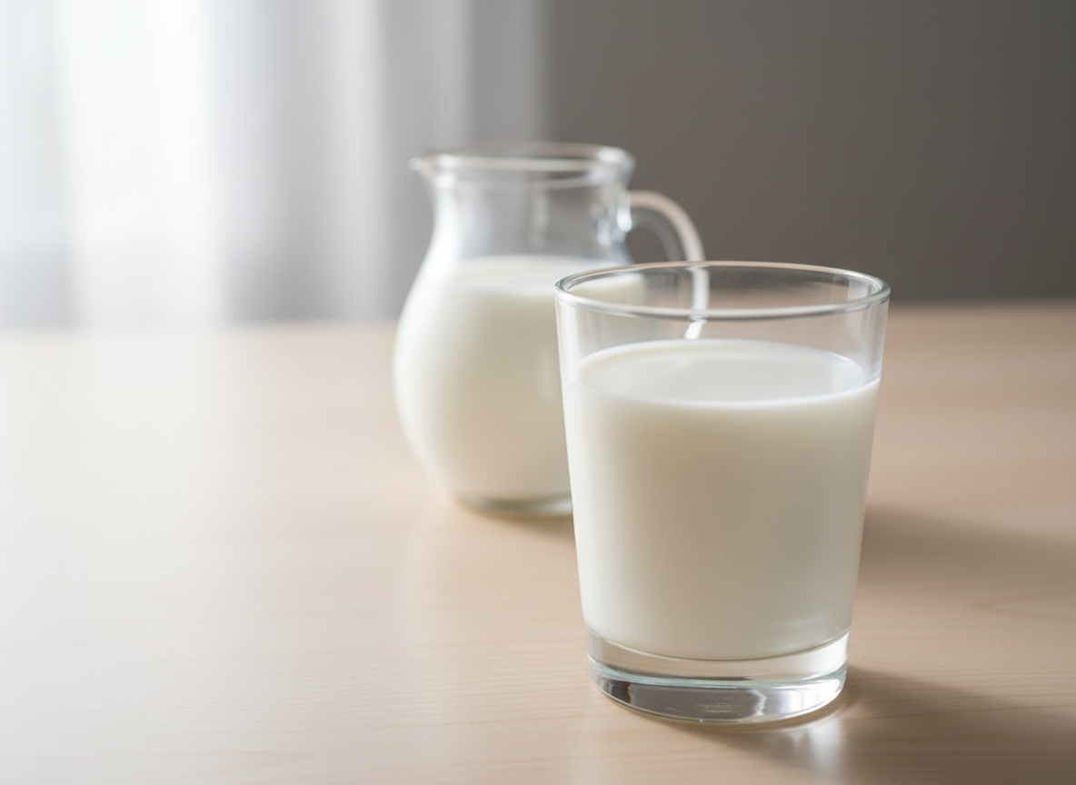 Un vaso de leche entera fresca, de color blanco puro y textura cremosa, lleno casi hasta el borde en un vaso de vidrio transparente y grueso. El vaso está sobre una mesa de madera clara impecablemente limpia, junto a una pequeña jarra de vidrio con más leche al fondo, ligeramente desenfocada. La escena está iluminada por luz natural de mañana entrando desde la izquierda, creando reflejos brillantes en el vidrio y sombras suaves sobre la mesa. El ambiente es limpio, profesional y hogareño. Composición fotográfica a nivel de mesa, con profundidad de campo reducida que mantiene el vaso en perfecto foco y el fondo ligeramente borroso, estilo realista, colores neutros y sensación de frescura absoluta.