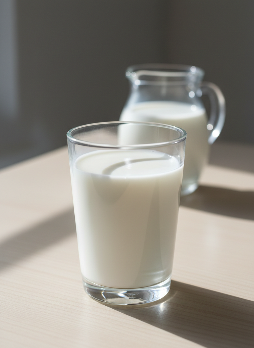 Un vaso de leche entera fresca, de color blanco puro y textura cremosa, lleno casi hasta el borde en un vaso de vidrio transparente y grueso. El vaso está sobre una mesa de madera clara impecablemente limpia, junto a una pequeña jarra de vidrio con más leche al fondo, ligeramente desenfocada. La escena está iluminada por luz natural de mañana entrando desde la izquierda, creando reflejos brillantes en el vidrio y sombras suaves sobre la mesa. El ambiente es limpio, profesional y hogareño. Composición fotográfica a nivel de mesa, con profundidad de campo reducida que mantiene el vaso en perfecto foco y el fondo ligeramente borroso, estilo realista, colores neutros y sensación de frescura absoluta.