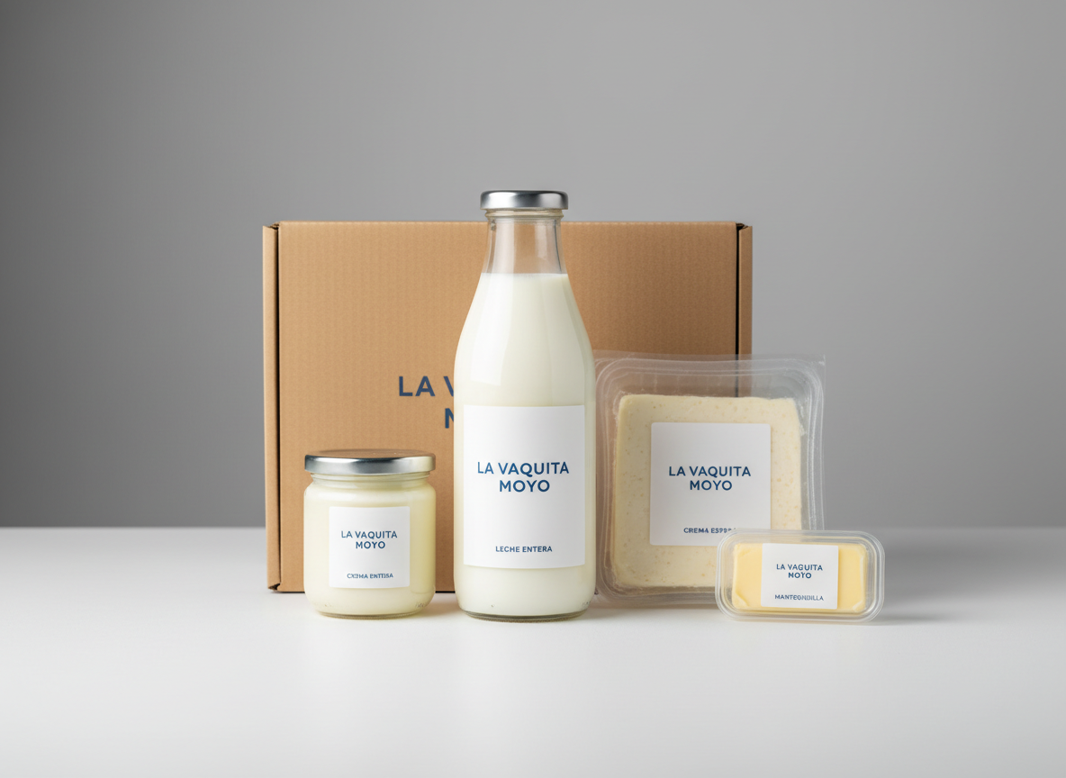 Un combo de productos lácteos de La Vaquita Moyo ordenado sobre una superficie blanca mate: una botella de leche de vidrio transparente con tapa metálica, una charola sellada de queso fresco, un frasco de crema espesa y un pequeño envase de mantequilla, todos con etiquetas limpias y minimalistas en tonos blanco y azul. Detrás, una caja de cartón kraft con un diseño discreto sugiere el empaque de entrega a domicilio. Iluminación de estudio suave y uniforme desde arriba, sin sombras duras, que resalta las texturas cremosas y la transparencia del vidrio. Composición centrada, a nivel de mesa, en estilo fotográfico limpio y moderno, con fondo neutro desenfocado que transmite orden, confianza y servicio profesional.