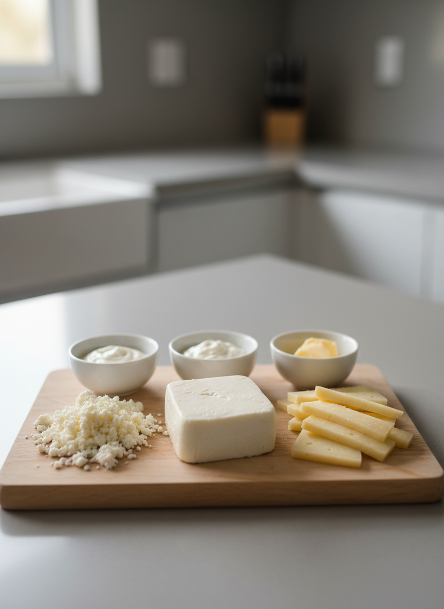 Una variedad de quesos artesanales mexicanos dispuestos cuidadosamente sobre una tabla de madera clara: un bloque de queso panela blanco con textura lisa, rebanadas de queso manchego semiduro de tono marfil y un trozo de queso fresco desmoronado. Alrededor, pequeños recipientes de cerámica blanca contienen crema espesa y mantequilla suave. La tabla está sobre una encimera de cocina moderna en tonos grises claros. Luz natural difusa de tarde entra por una ventana fuera de cuadro, creando un ambiente suave, profesional y apetitoso. La composición fotográfica está tomada desde un ángulo ligeramente elevado, con enfoque nítido en los quesos y un fondo desenfocado de cocina limpia, estilo realista y colores suaves que transmiten calidad y frescura.
