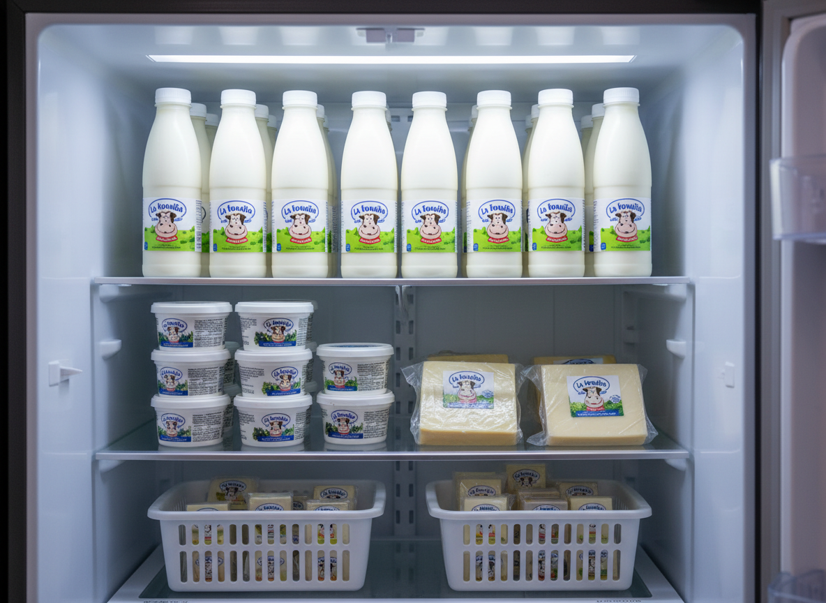 Un refrigerador doméstico moderno abierto, visto de frente, con los estantes perfectamente organizados solo con lácteos de La Vaquita Moyo: botellas de leche alineadas, recipientes de crema con tapa blanca, bloques de queso envueltos con empaques claros y transparentes, y pequeños combos agrupados en canastillas plásticas blancas. La luz fría interior del refrigerador ilumina los productos de manera uniforme, creando reflejos suaves en los envases y un ambiente de frescura absoluta. La escena está fotografiada a la altura de los ojos, con enfoque claro en los productos del estante central y ligera profundidad de campo hacia los estantes superiores e inferiores. Estilo fotográfico realista, limpio y profesional, con sensación de hogar organizado en Guadalajara o Zapopan.