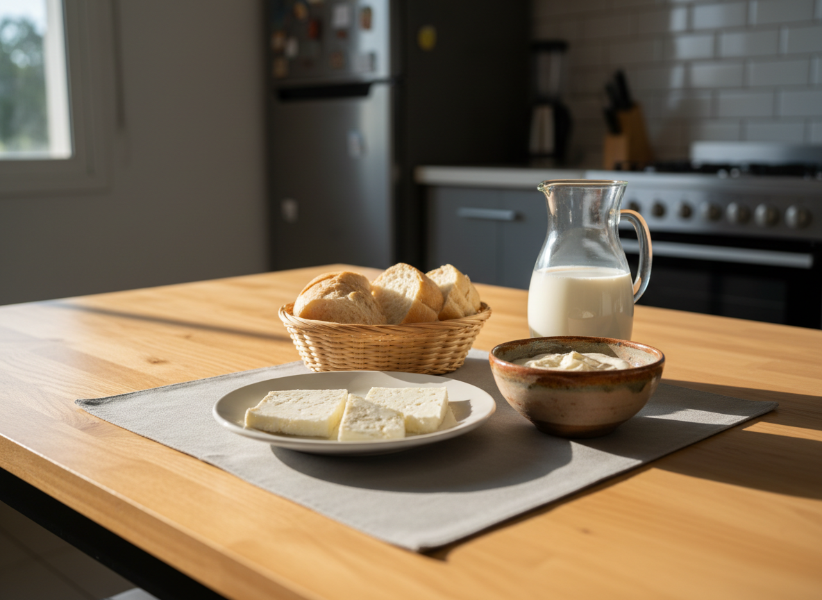 Una mesa de cocina familiar en Guadalajara, de madera clara y textura suave, cuidadosamente preparada con un desayuno basado en lácteos: un plato con rebanadas gruesas de queso fresco, una canasta pequeña con pan blanco artesanal, un cuenco de cerámica con crema espesa y una jarra de vidrio llena de leche. No hay personas, solo la vajilla impecablemente colocada sobre un mantel individual gris claro. La luz cálida de la mañana entra por una ventana lateral, creando destellos suaves sobre el vidrio y sombras alargadas sobre la mesa. Fotografía a nivel de mesa con composición en regla de tercios, fondo ligeramente desenfocado que sugiere una cocina moderna y ordenada. Estilo realista, acogedor y profesional, transmitiendo cercanía y calidad artesanal.